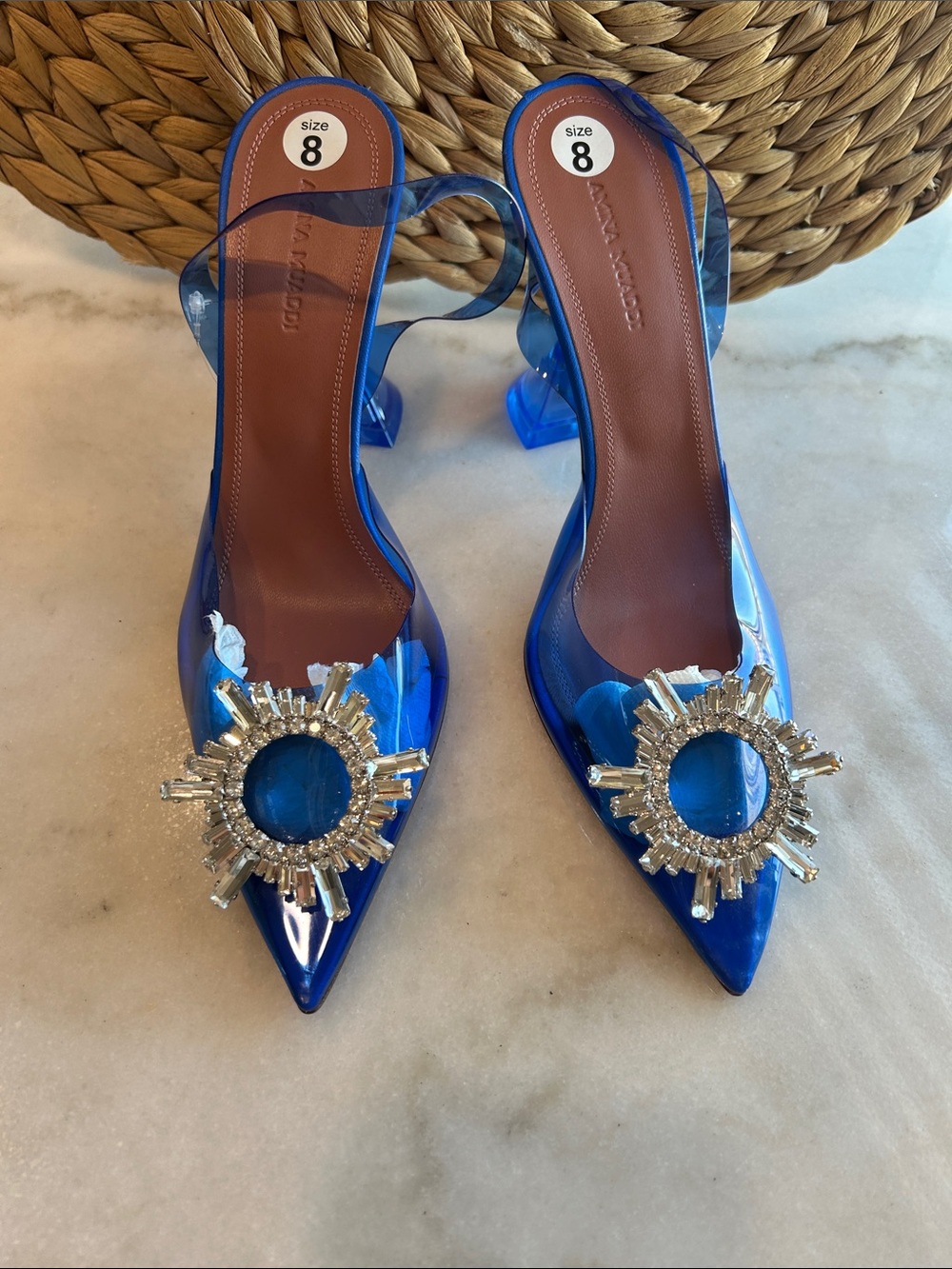 Amina Muaddi Cobalt Blue Jeweled Pointed Slingback Heels size 8